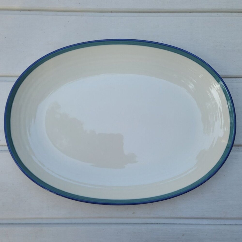 Pfaltzgraff Northwinds 14" Oval Platter White Stoneware With Blue & Green Bands
